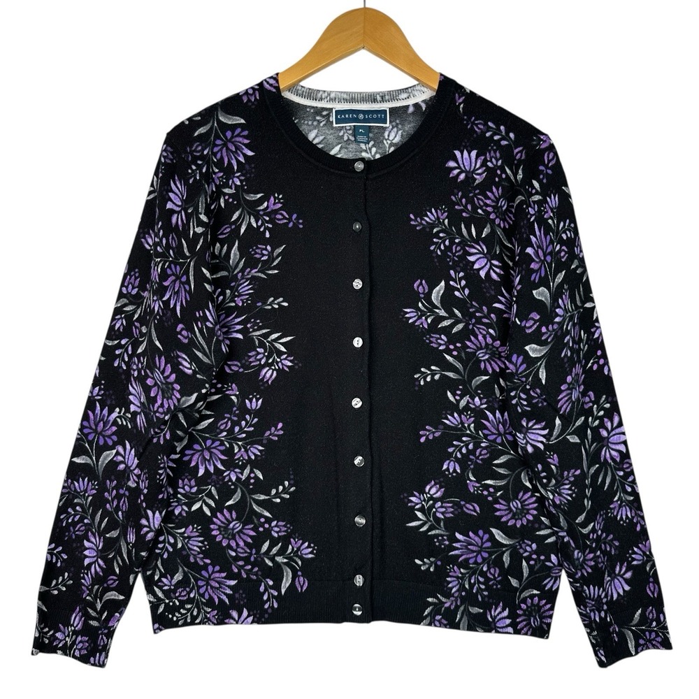 Karen Scott Floral Button Front Cardigan Sweater Black Gray Purple Petite Large